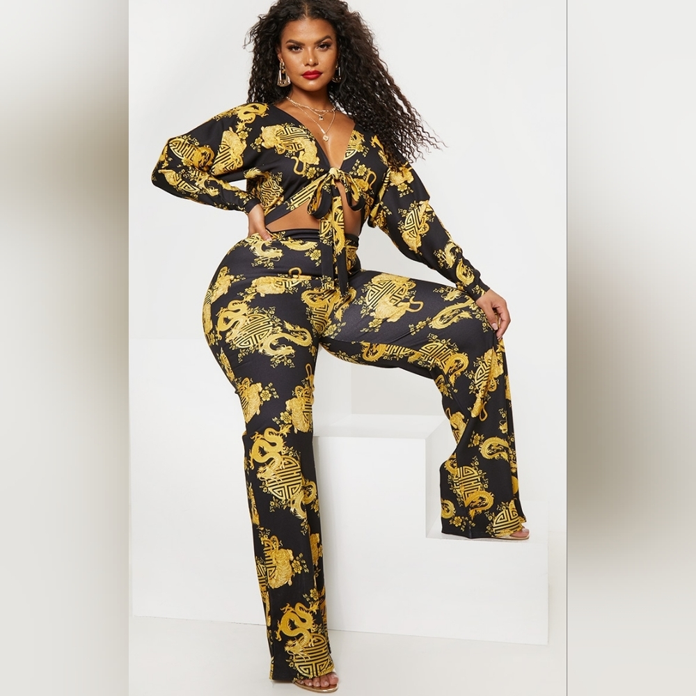 Plus Black Dragon Print Tie Front Jumpsuit